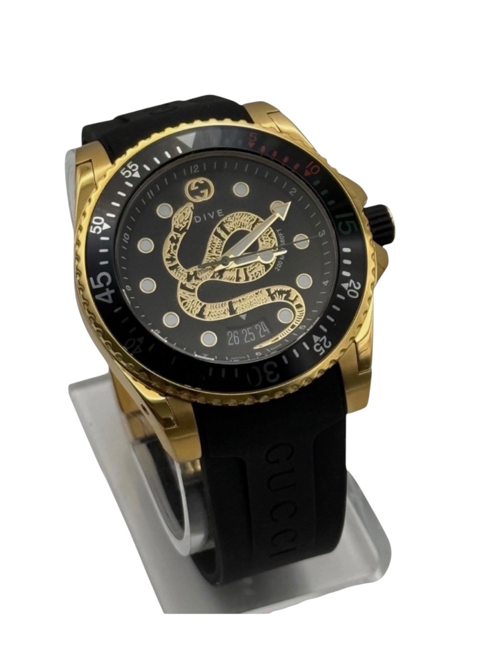 NWT Full Set Gucci Dive Men Gold PVD Black Rubber Snake Swiss Watch YA136219